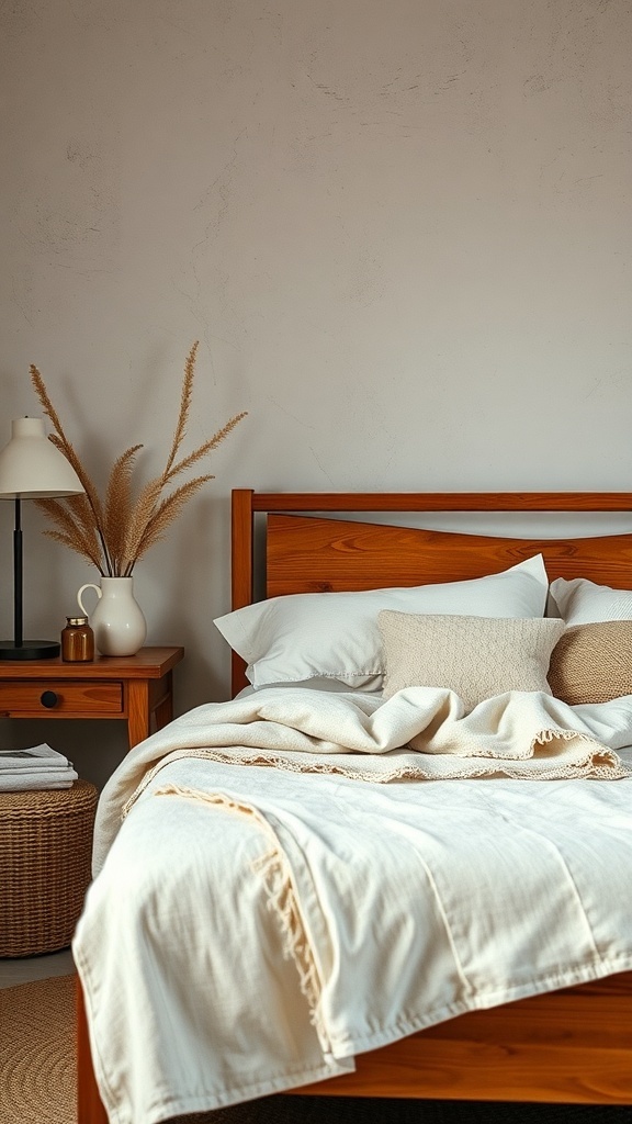 A cozy rustic bedroom featuring natural textiles and fabrics.