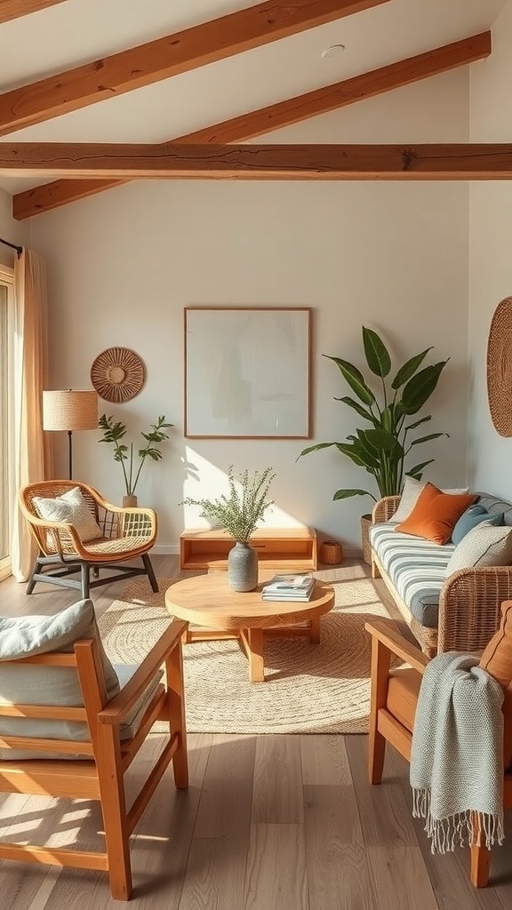 A cozy boho farmhouse living room featuring natural textures and earthy tones.