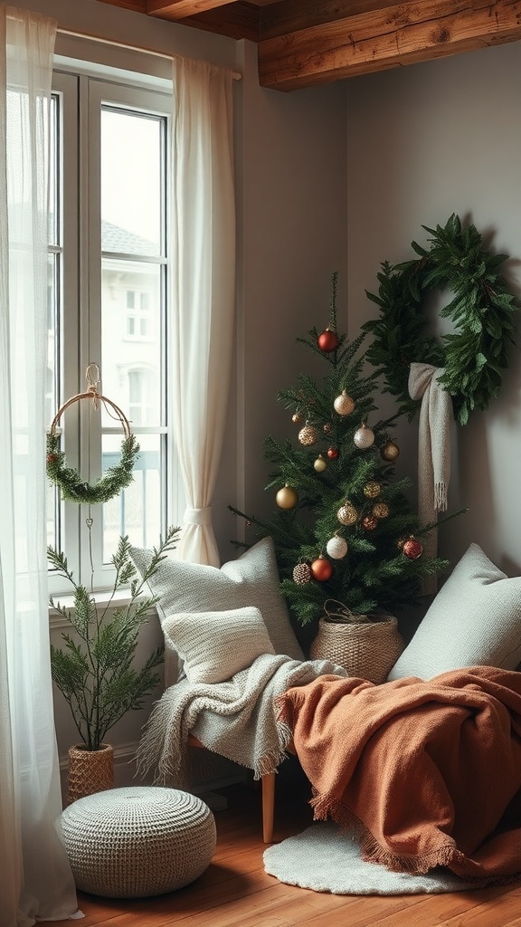 A cozy corner with a minimalist Christmas tree, soft cushions, and natural textures.