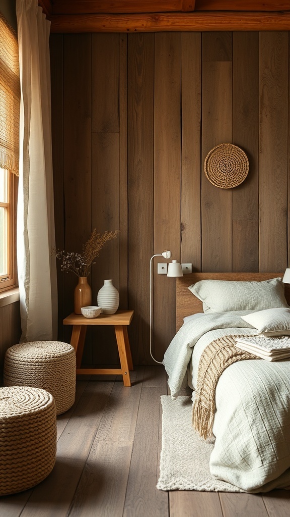 A rustic room featuring wooden walls, soft linens, and woven decor.