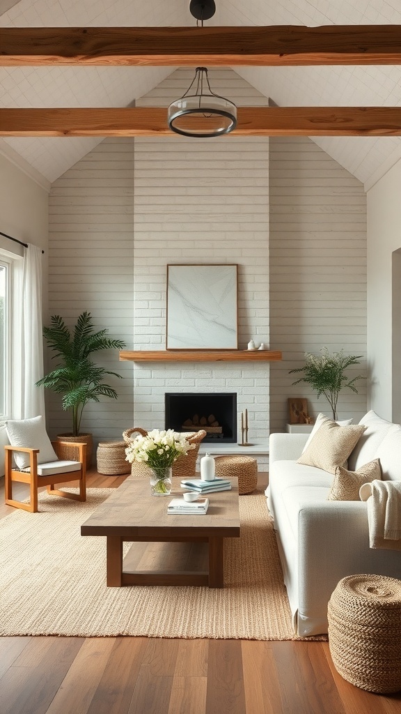 A cozy coastal farmhouse living room featuring wooden beams, a stone fireplace, and natural decor.