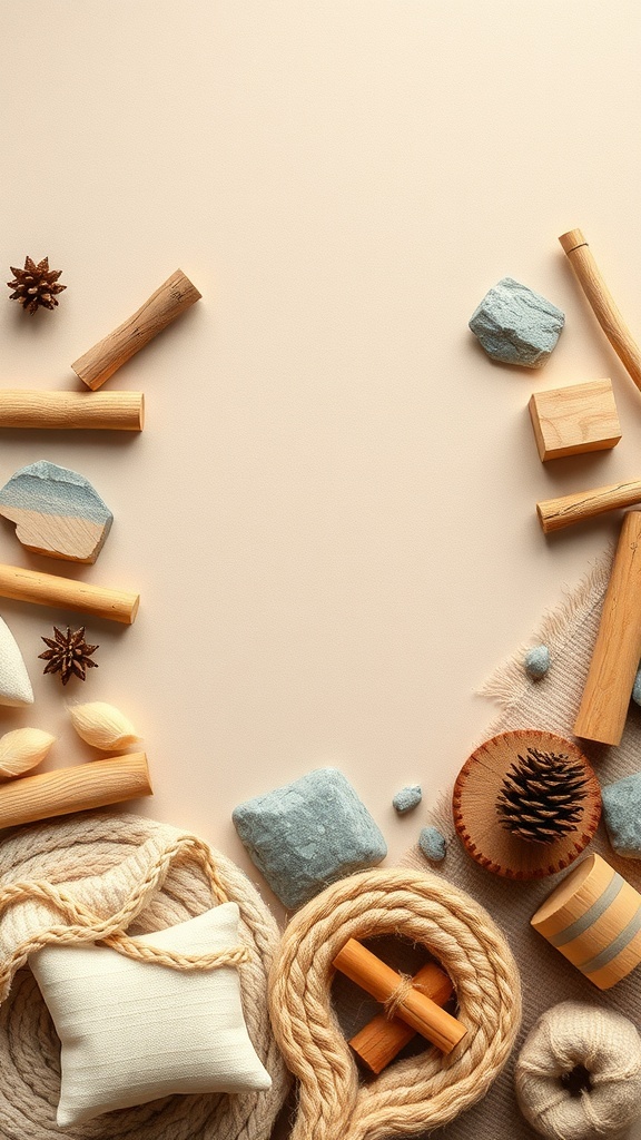 A collection of natural textures including wood, stones, and soft fabrics arranged on a light background.