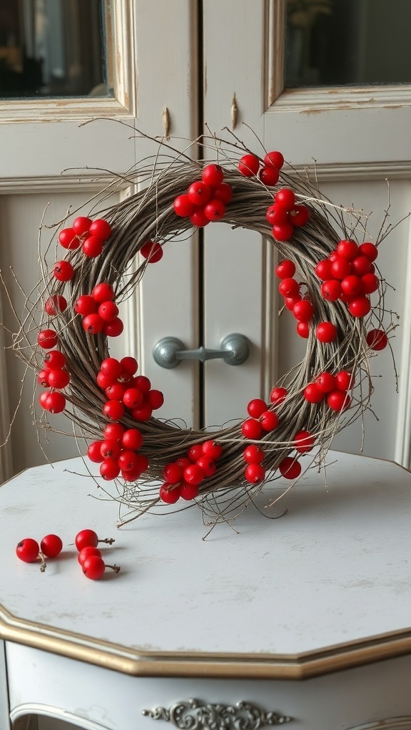 A winter wreath made of natural twigs adorned with bright red berries.