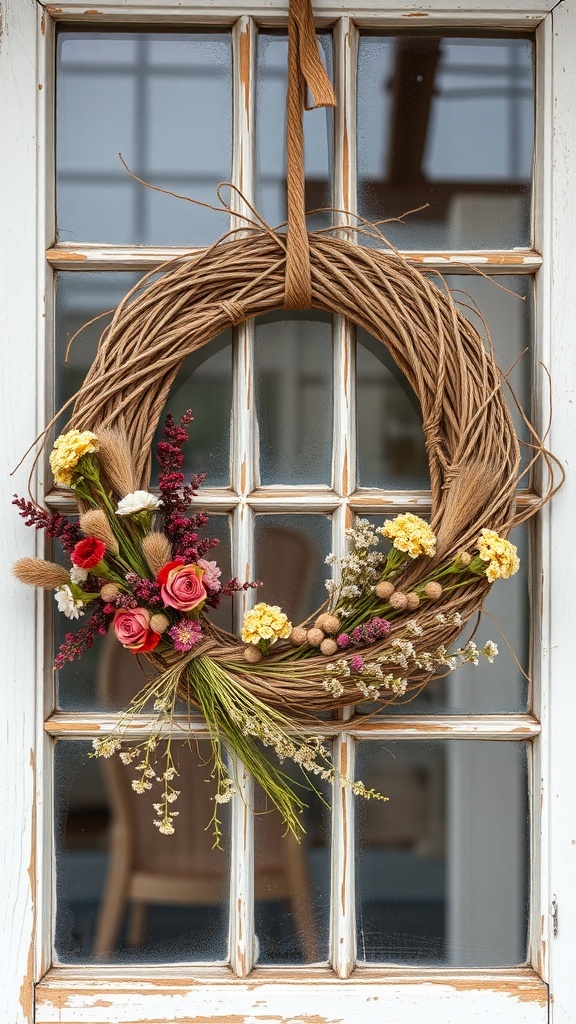 A January wreath made of natural twine and colorful dried flowers, hanging on a window.