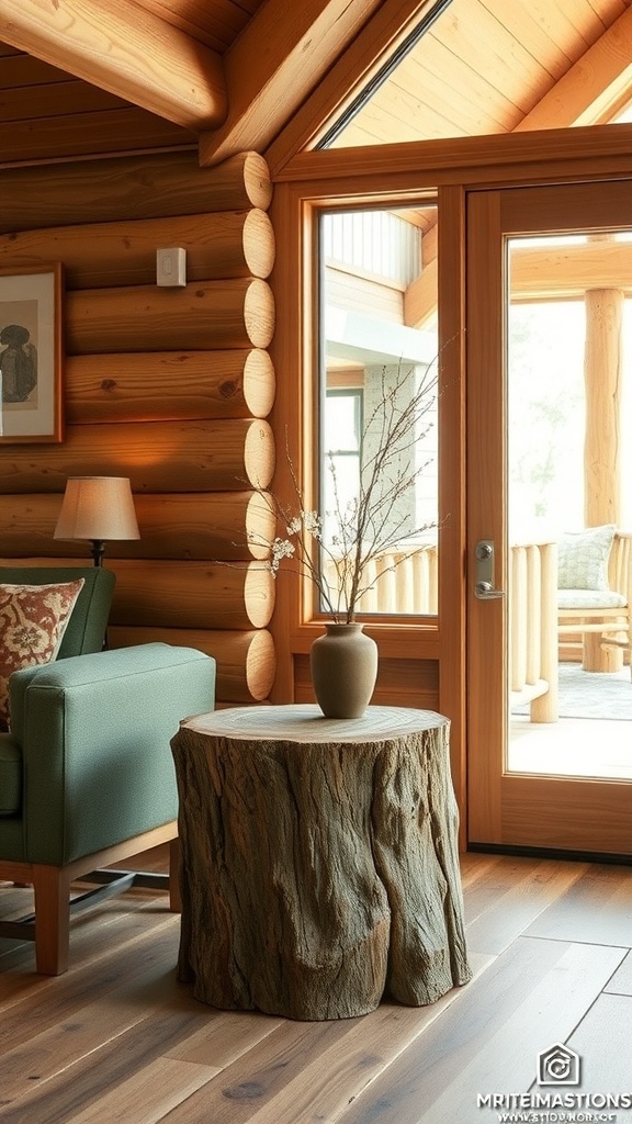 A rustic tree stump table in a cozy log cabin setting.
