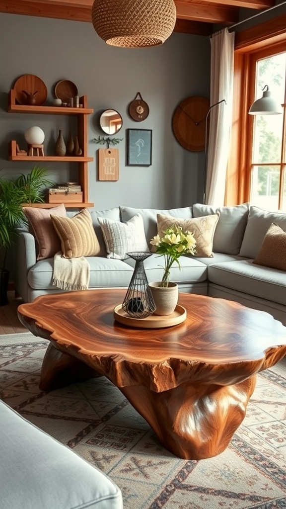 A wooden coffee table in a boho farmhouse living room with plants and soft furnishings.