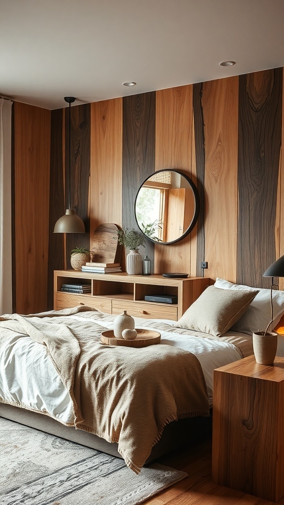 Cozy bedroom featuring natural wood accents and earthy tones.