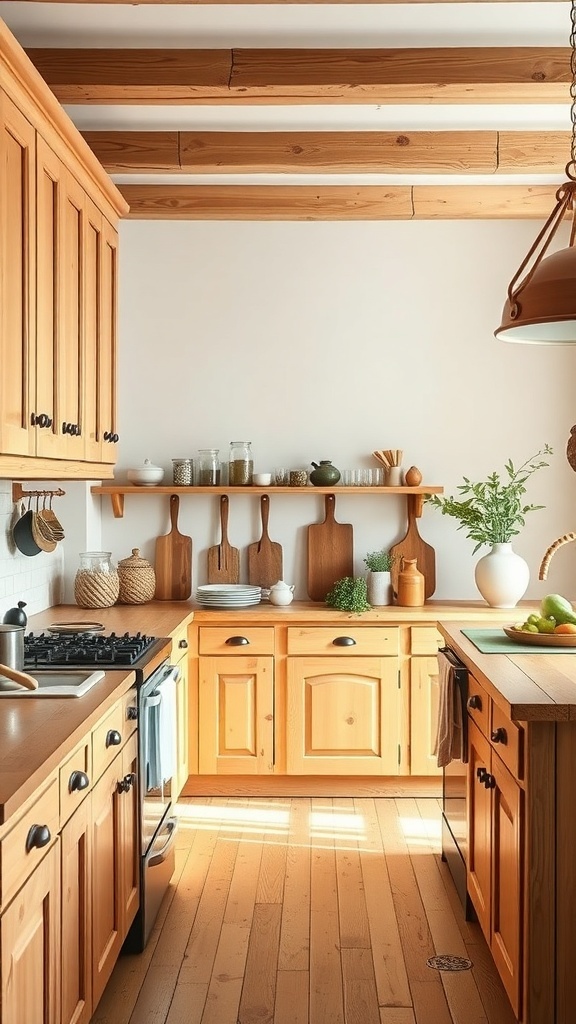 A cozy French farmhouse kitchen featuring natural wood accents and finishes.