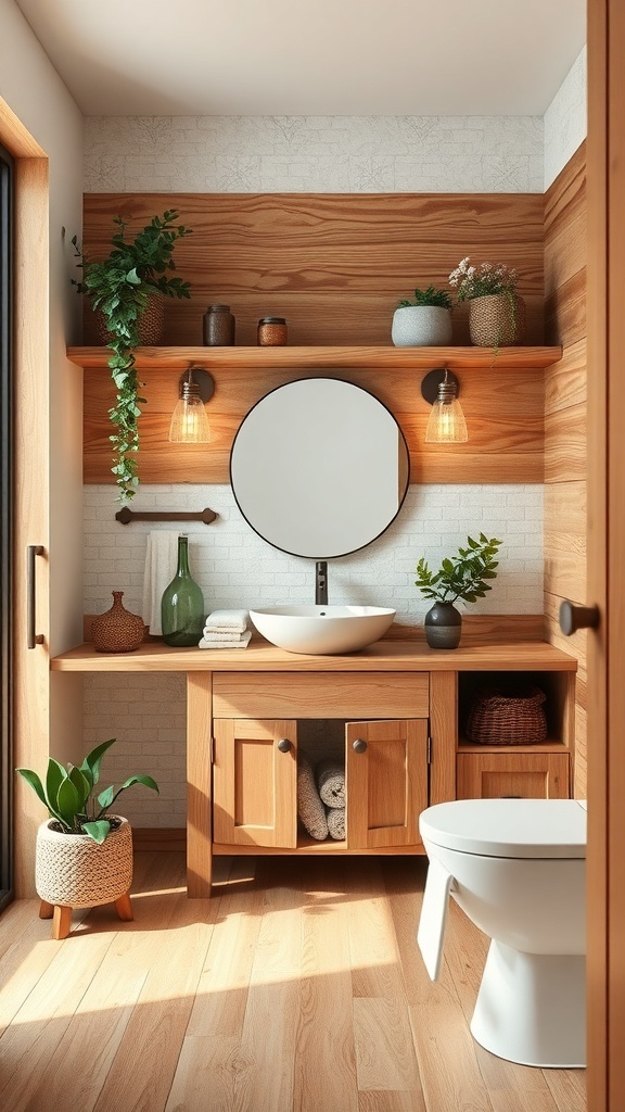 A modern rustic bathroom featuring natural wood accents, plants, and a round mirror.