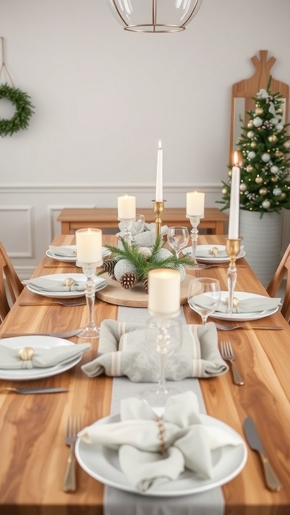 A beautifully set dining table with natural wood accents, candles, and holiday decor.