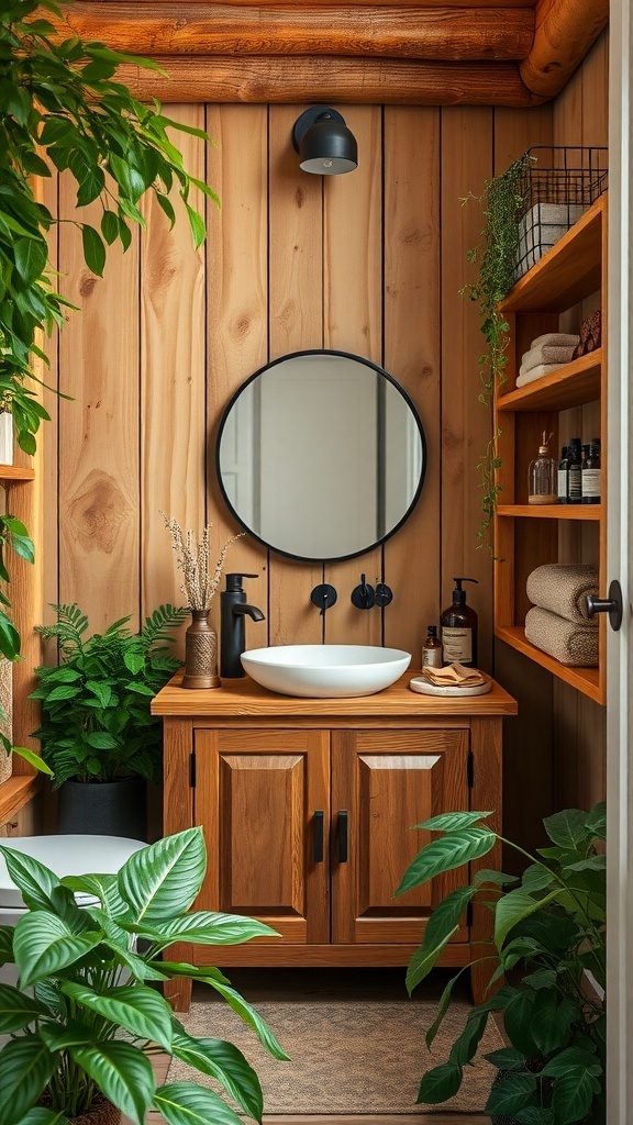 A rustic bathroom featuring natural wood accents, plants, and a round mirror.