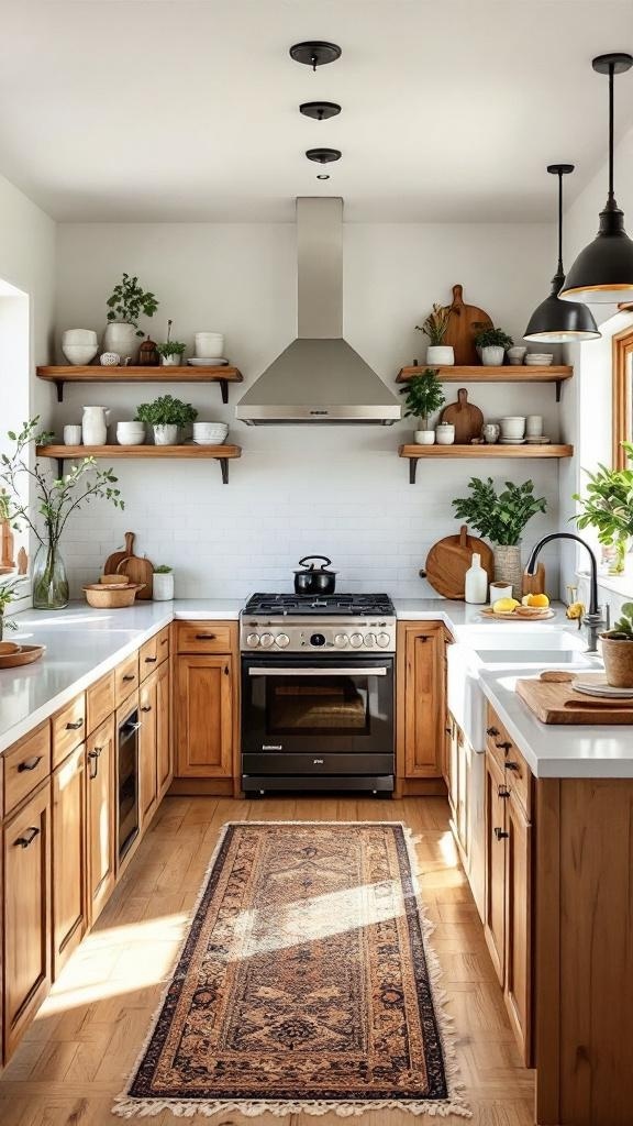 A cozy farmhouse kitchen featuring natural wood accents, open shelves with plants, and a warm color palette.