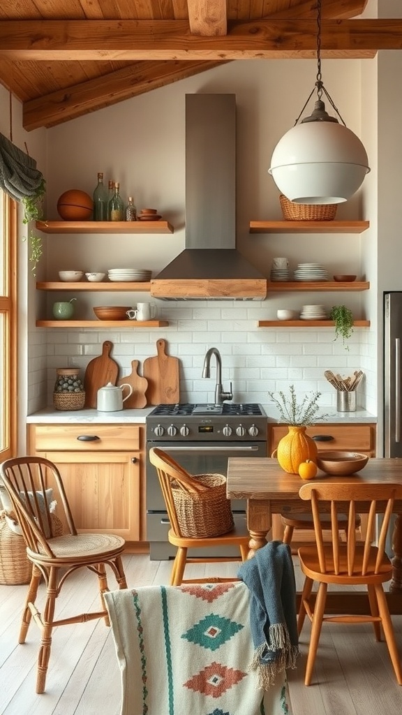 A cozy boho kitchen featuring natural wood accents, wooden shelves, and warm tones.