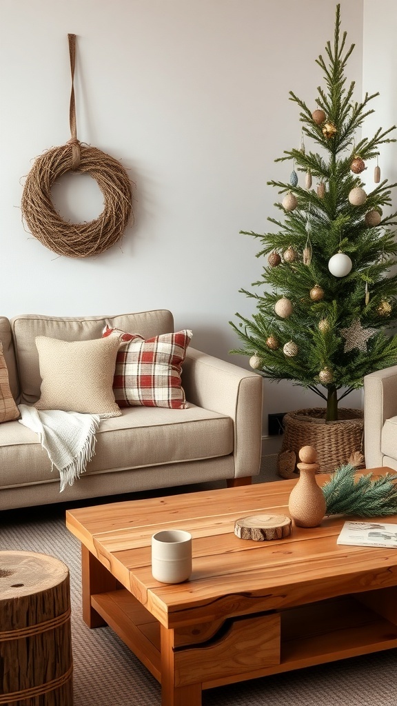 Cozy living room with natural wood accents and rustic Christmas decor.