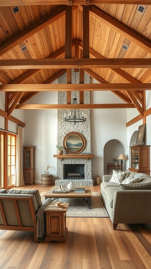A rustic farmhouse living room featuring natural wood accents, including beams and furniture.