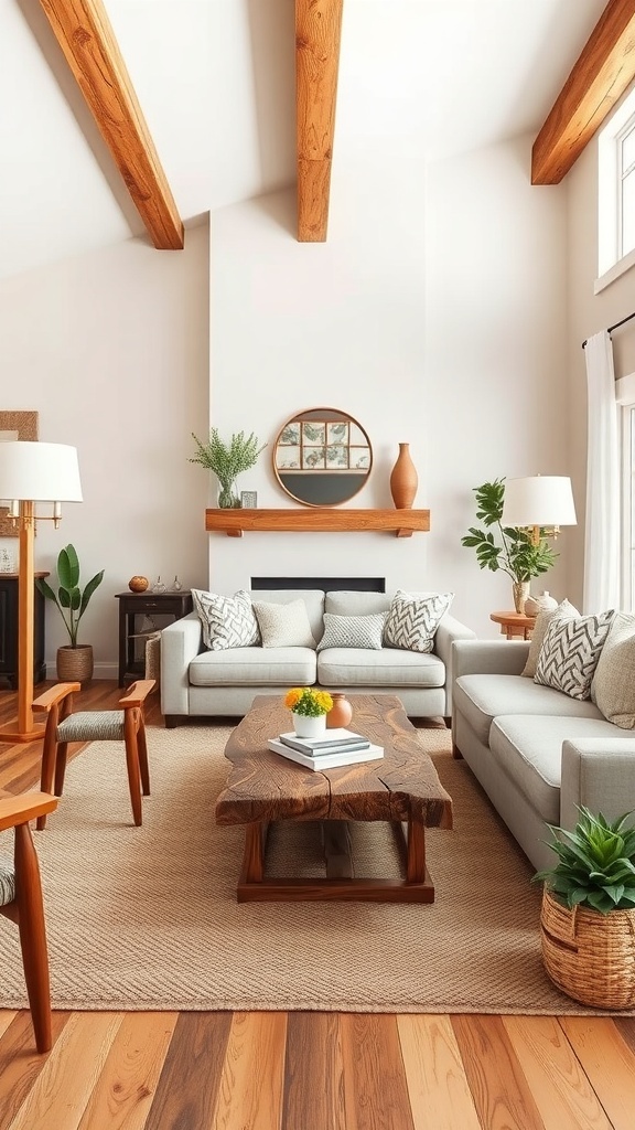 A cozy farmhouse living room featuring natural wood accents, including exposed beams and a wooden coffee table.