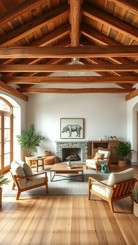 A cozy farmhouse style living room featuring natural wood accents, including exposed beams and wooden furniture.