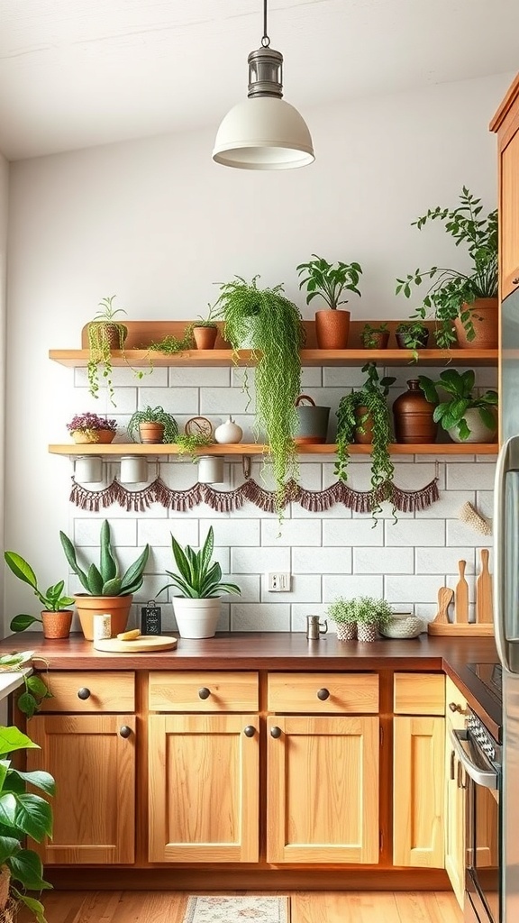 A cozy boho farmhouse kitchen featuring natural wood cabinets and shelves adorned with plants.