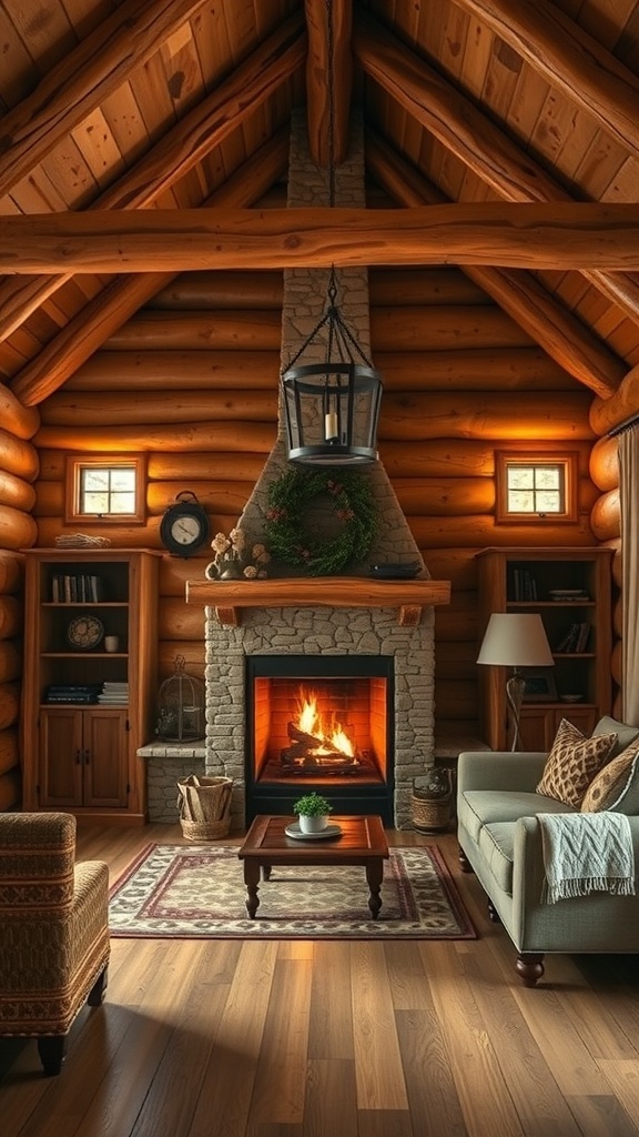 Cozy rustic cabin interior with natural wood accents and a stone fireplace.