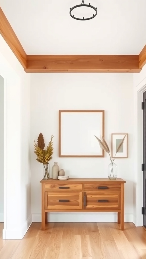 A modern farmhouse entryway featuring natural wood accents with a console table and decorative items.