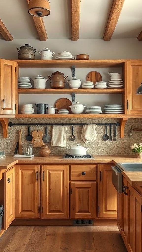 Rustic kitchen with natural wood cabinets and shelves