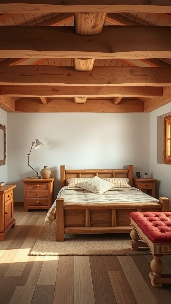 A rustic bedroom featuring natural wood accents, including wooden beams, furniture, and flooring.