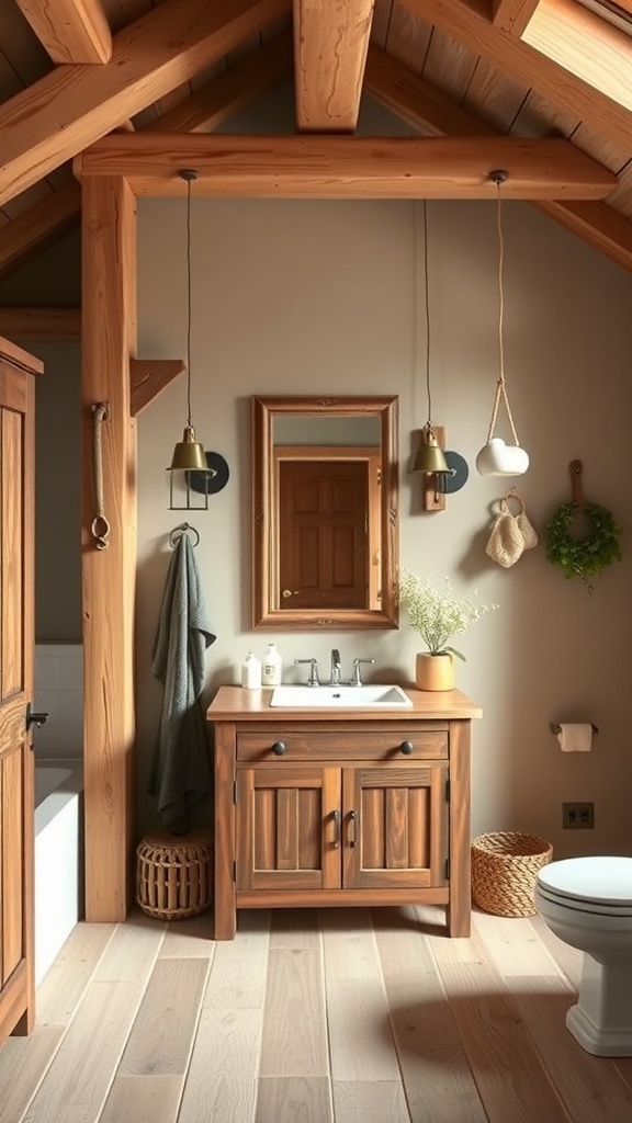 A rustic bathroom featuring natural wood accents, including a wooden vanity and beams.