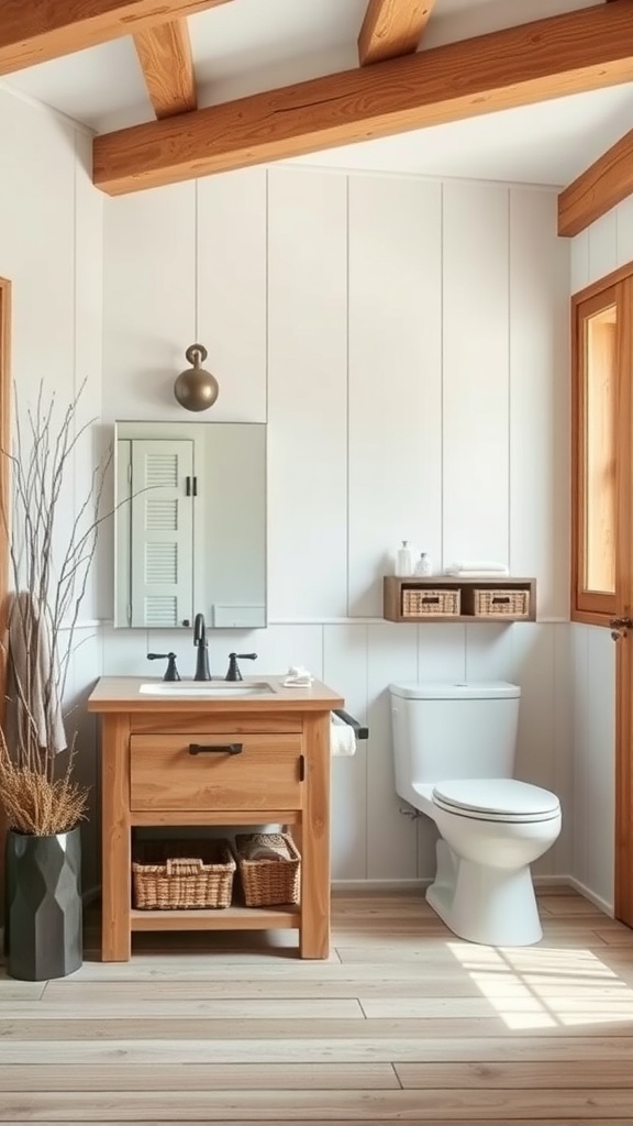 A rustic farmhouse bathroom featuring natural wood accents, including a wooden vanity and beams.