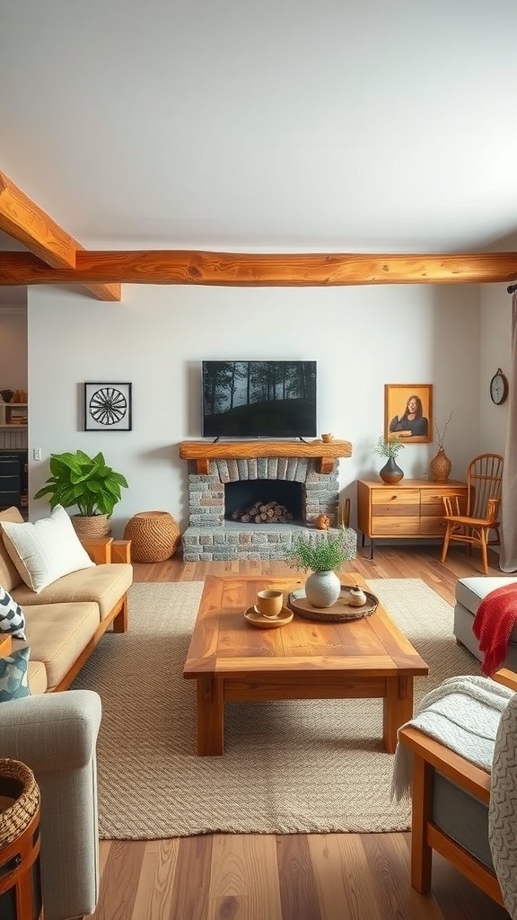 A rustic living room featuring natural wood accents, including a wooden coffee table and beams.
