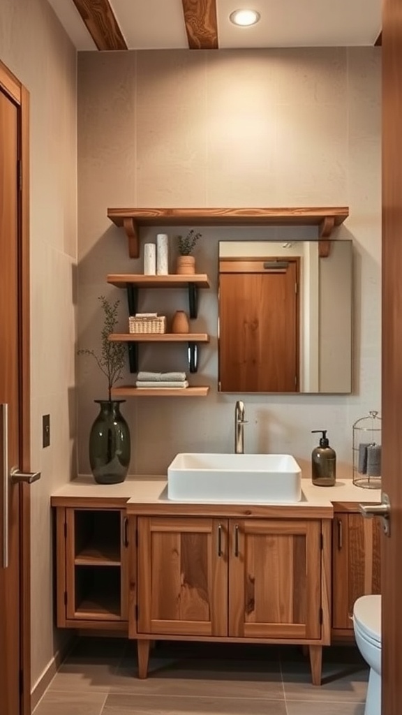 A modern rustic bathroom featuring natural wood accents in cabinetry and shelving.