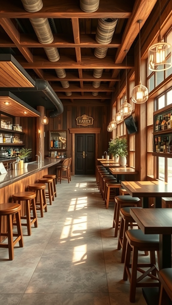 A rustic bar interior featuring natural wood accents, with wooden stools and a warm atmosphere.