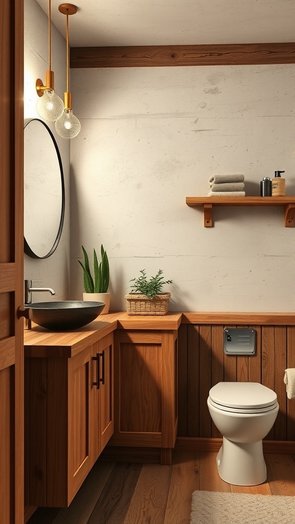 A rustic modern bathroom featuring natural wood accents, a round mirror, and stylish lighting.