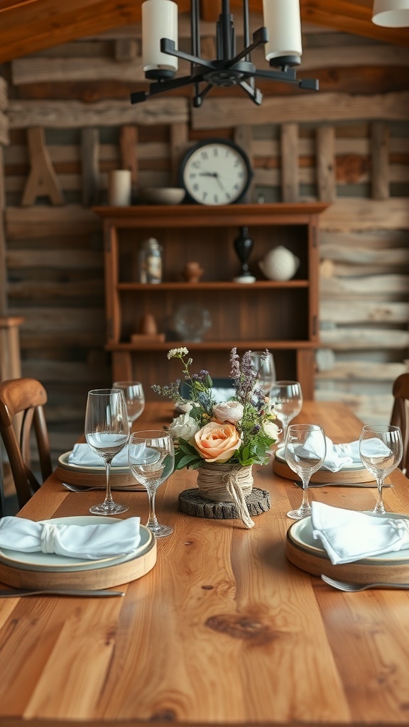 A rustic dining table set with natural wood accents, featuring a floral centerpiece and elegant tableware.