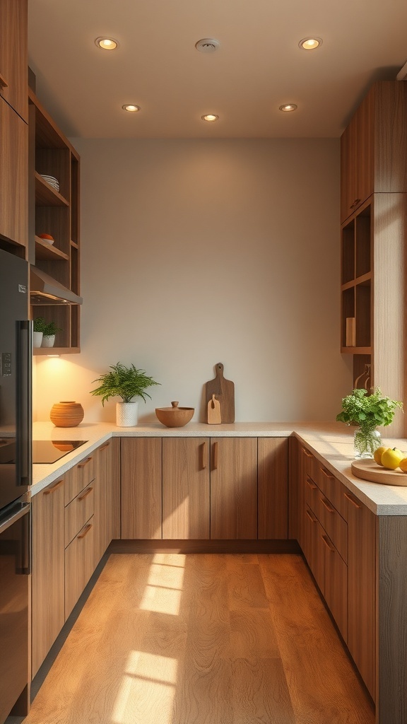 A warm modern kitchen featuring natural wood cabinets and accents.
