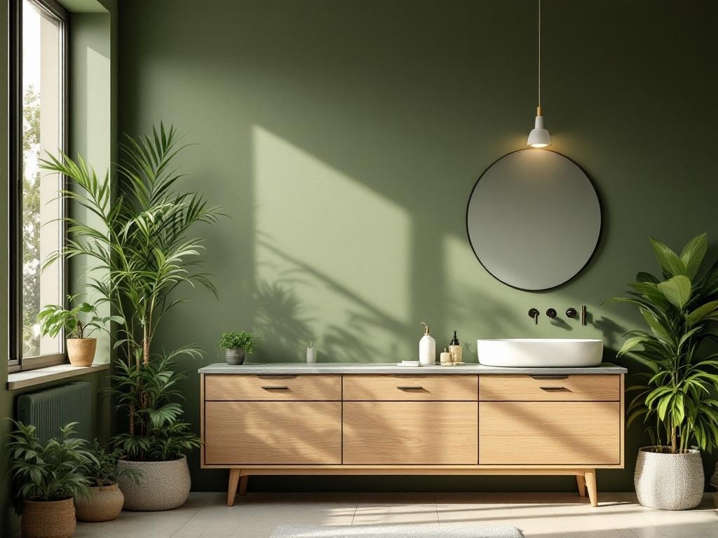 A modern bathroom featuring olive green walls, a natural wood vanity, and potted plants.
