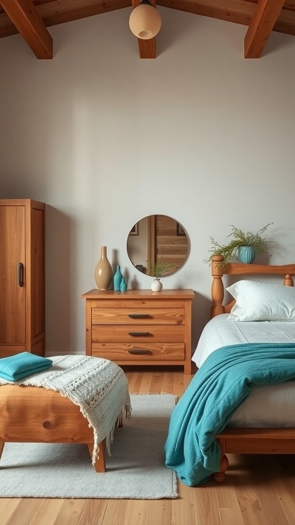 A cozy bedroom featuring natural wood furniture and teal accents, creating a balanced and inviting atmosphere.
