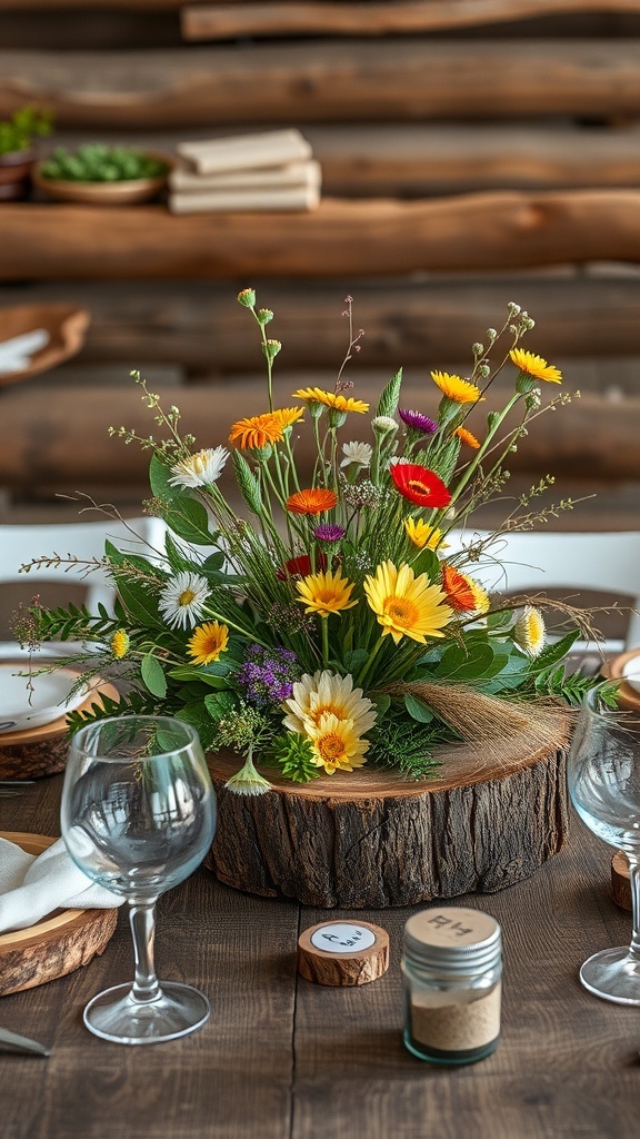A rustic table centerpiece featuring a wooden slice with colorful flowers.