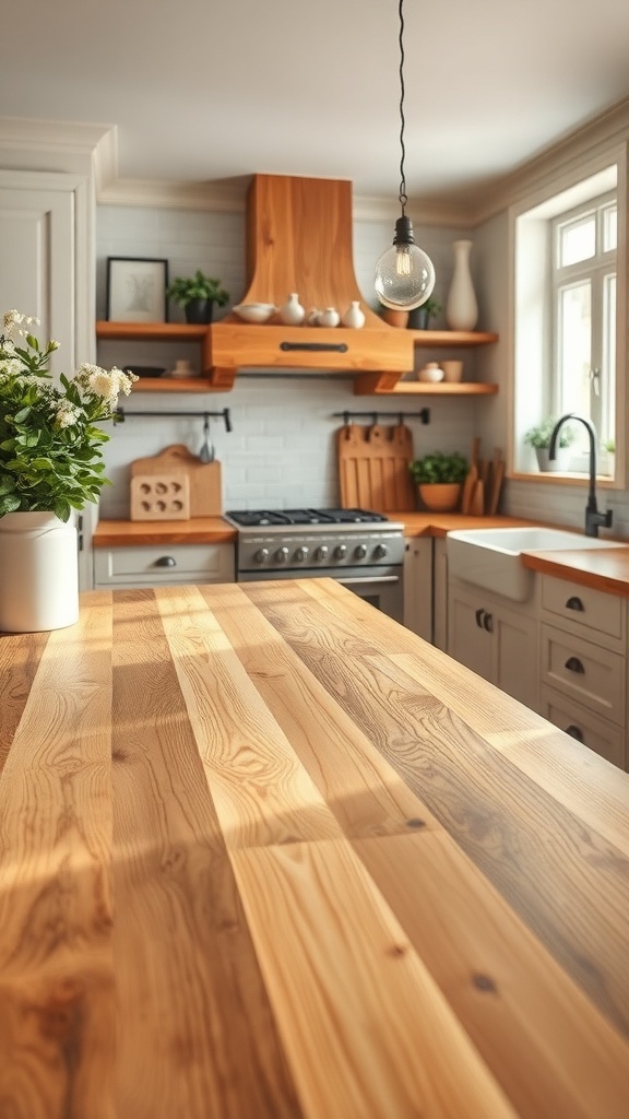 A rustic farmhouse kitchen with natural wood countertops, featuring warm tones and a cozy atmosphere.