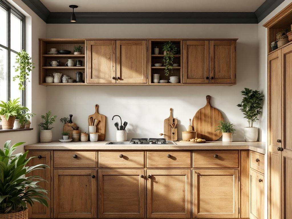 A cozy kitchen featuring natural wood cabinets, shelves, and plants.
