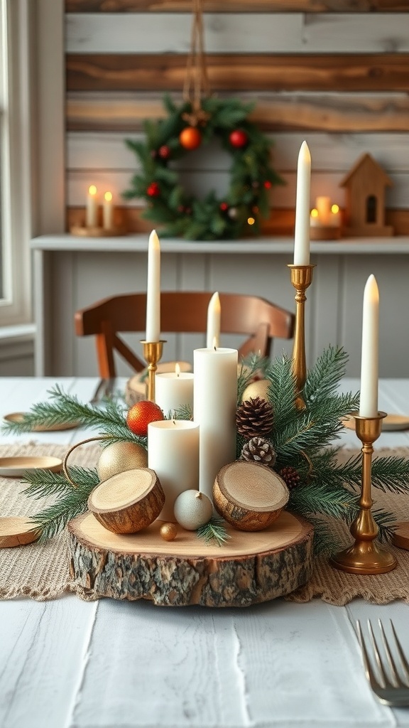 A minimalist Christmas table centerpiece featuring white candles on a wooden slice, surrounded by pine branches, pinecones, and colorful ornaments.