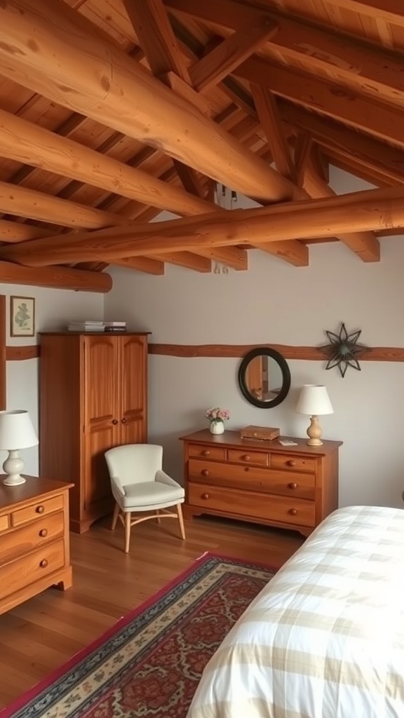 Cozy farmhouse bedroom with natural wood elements, featuring wooden beams and furniture.