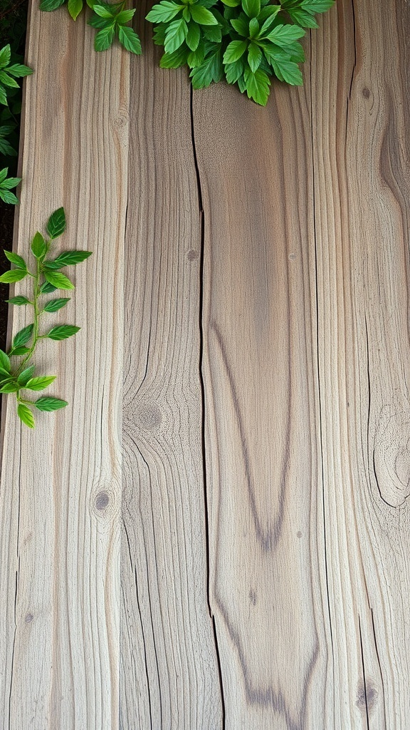 A rustic wooden table with natural grain and green leaves around it.