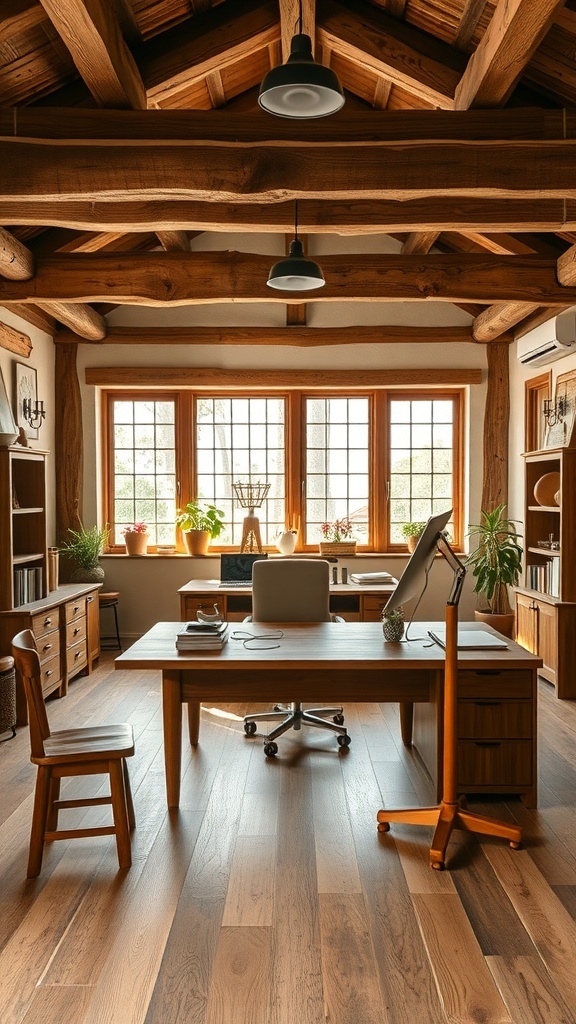 A rustic office featuring natural wood beams, furniture, and plants.