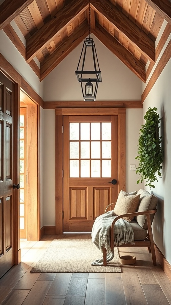 A rustic entryway featuring natural wood elements, including wooden doors and beams.