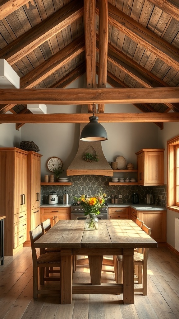 A rustic kitchen featuring natural wood elements, including wooden cabinets and beams, with a wooden dining table and flowers.