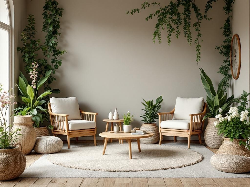A cozy living space featuring natural wood furniture, surrounded by green plants and a soft rug.