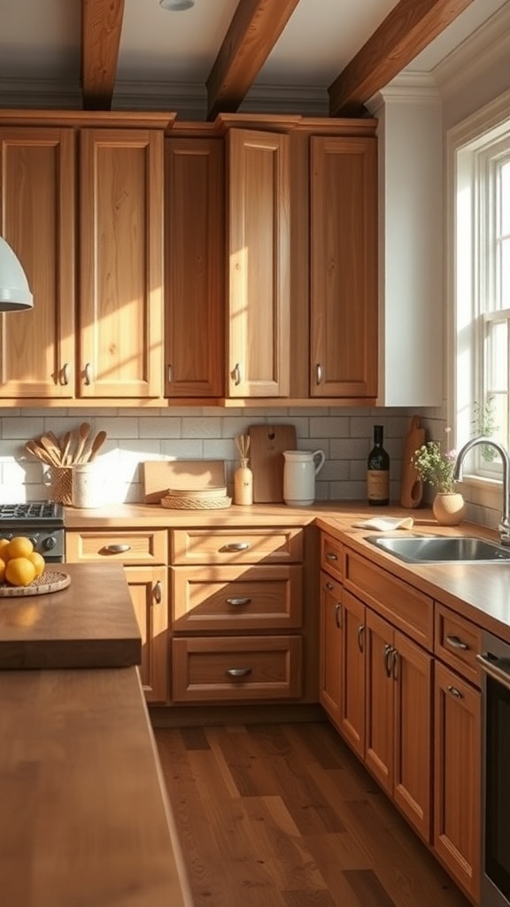 A cozy farmhouse kitchen featuring natural wood finishes on cabinets and countertops.
