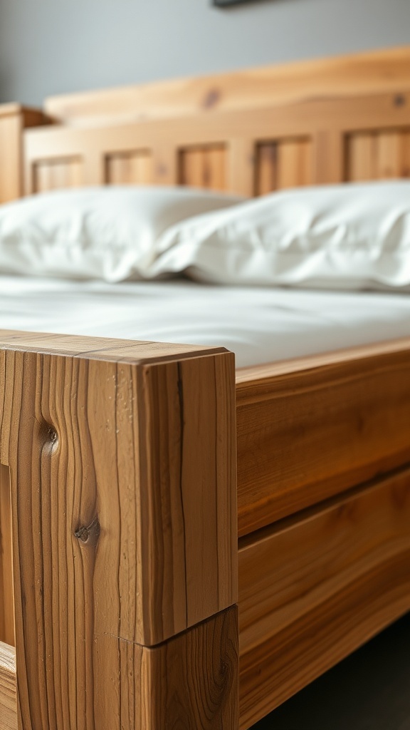 Close-up of a rustic wooden bed frame with natural wood finish.