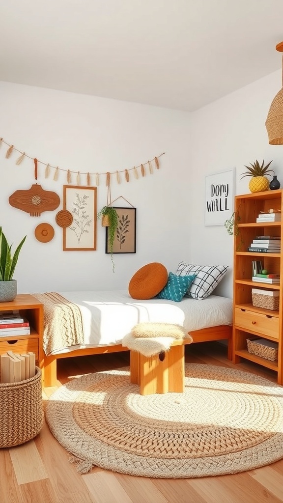 A cozy dorm room featuring natural wood furniture, a bed with a soft blanket, a round rug, and decorative wall art.
