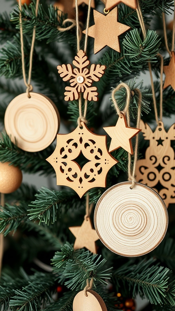 Natural wood ornaments hanging on a Christmas tree